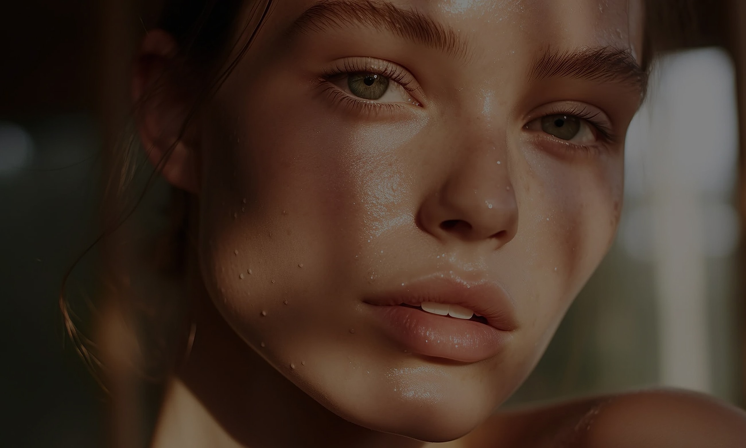 Close-up of Charlotte, NC plastic surgery model with natural skin with droplets.