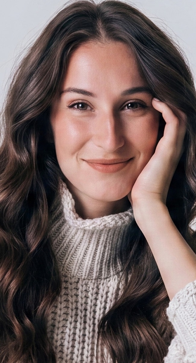 Smiling woman with wavy hair in sweater.