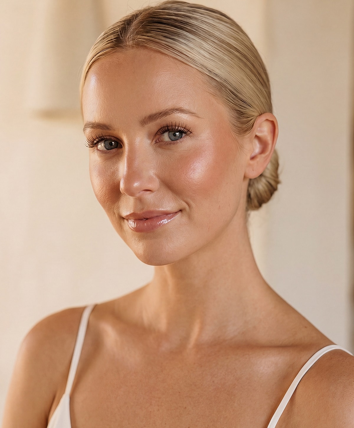Charlotte, NC Fillers model with natural makeup and bun hairstyle.