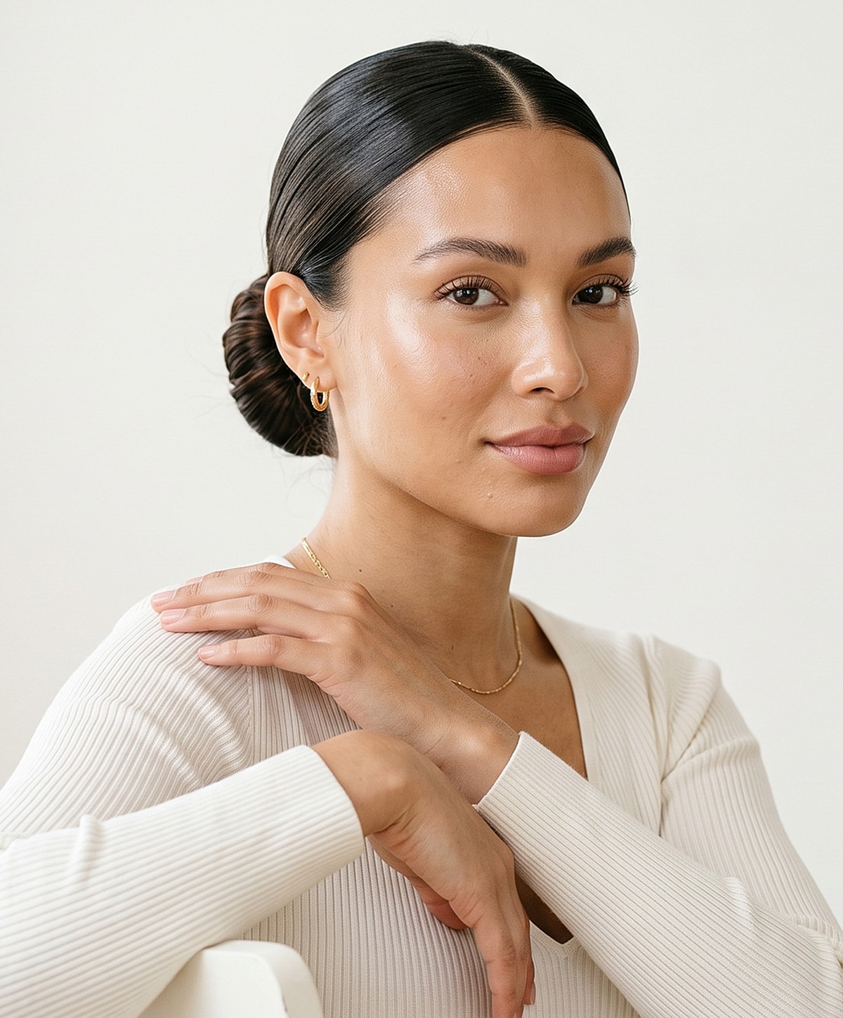Charlotte, NC IPL Laser model with sleek bun and minimalist jewelry.