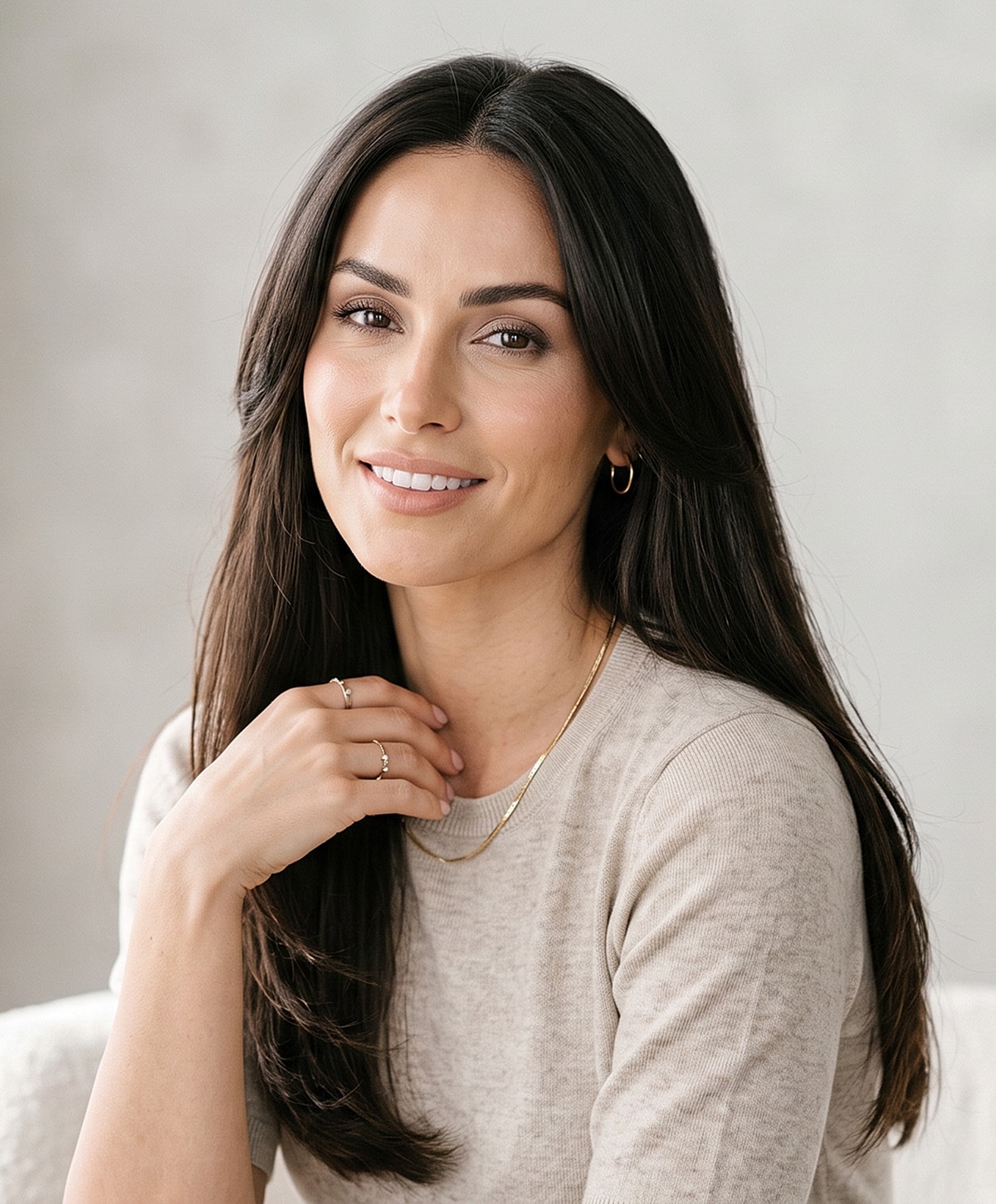 Smiling woman with long hair in light sweater.